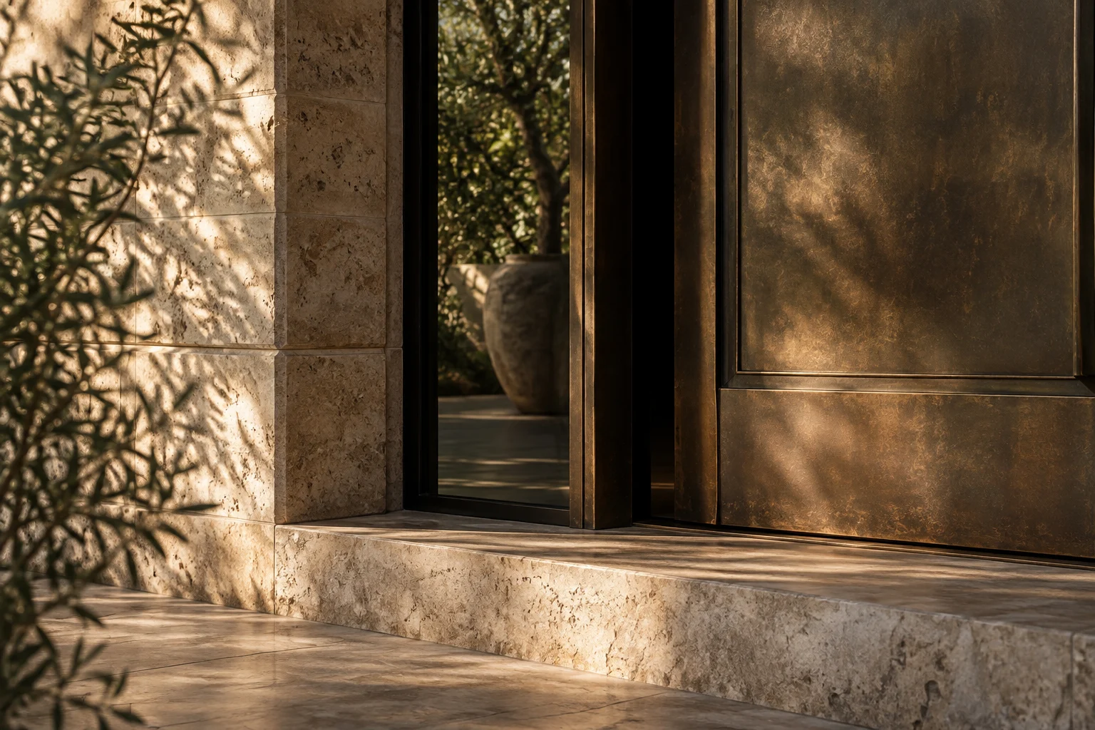 Luce naturale su pietra e bronzo, immagine evocativa
